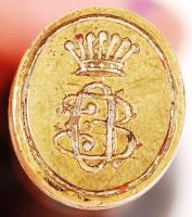 Réz pecsétnyomó koronás monogrammal / Vintage brass stamp with wooden handle, m: 8 cm