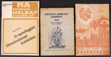 1942-1982 Vegyes nyomtatvány tétel (3 db): Szőlészeti-borászati zsebkönyv 1942; Teleki szőlőtelepek, Villány, 1942. évi őszi árjegyzéke; Kiss Ervin: Az egyesfüggöny tőkeművelésmód kialakítása