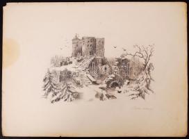 Bónis Judith: Farkasok a várromnál (1898). Ceruza, papír, apró szakadások, jelzett, 15×21 cm