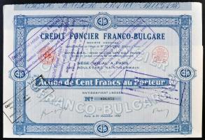 Franciaország 1930. "Credit Foncier Franco-Bulgare" Részvénye 100Fr-ról felülbélyegzésekkel T:I- FRance 1930.  "Credit Foncier Franco-Bulgare" share about 100 Francs with stamping C:AU