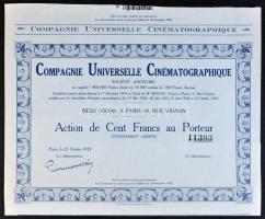 Franciaország 1929. "Compagnie Universelle Cinematographique" Részvénye 100Fr-ról szelvényekkel T:I FRance 1929. "Compagnie Universelle Cinematographique" share about 100 Francs with stamping C:UNC