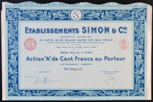 Franciaország 1933. "Etablissements Simon & Cie" Részvénye 100Fr-ról szelvényekkel T:I- FRance 1933. "Etablissements Simon & Cie" share about 100 Francs with stamping C:AU