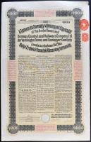 Budapest 1913. A Temes- és Somogy-Vármegyei Egyesült Helyi Érdekű Vasutak Részvénytársaság" elsőbbségi kötvény 4000K-ról, szelvényekkel, angol, magyar és német nyelven T:I-