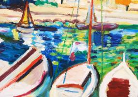 Schéner Mihály (1923-2009): Mediterrán kikötő. Olaj, farost, jelzett, keretben, 50×70 cm