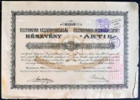 Budapest 1911. "Telefongyár Részvénytársaság részvénye 200K-ról (4x) szelvényekkel, bélyegzések...