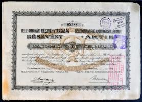Budapest 1911. "Telefongyár Részvénytársaság részvénye 200K-ról (4x) szelvényekkel, bélyegzések...