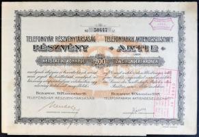 Budapest 1911. "Telefongyár Részvénytársaság részvénye 200K-ról (4x) szelvényekkel, bélyegzések...