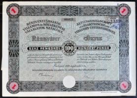 Budapest 1929. "Részvénytársaság Villamos és Közlekedési Vállalatok számára" részvénye 100P-ről magyar és német nyelven, szelvényekkel (3x) T:II-