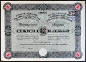 Budapest 1929. "Részvénytársaság Villamos és Közlekedési Vállalatok számára" részvénye 100...