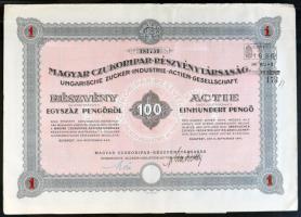 Budapest 1941. "Magyar Czukoripar-Részvénytársaság" 5 részvénye egyenként 100P-ről szelvényekkel (2x) T:II-