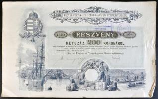 Budapest 1895. "Magyar Folyam- és Tengerhajózási Részvénytársaság" részvénye 200K-ról szelvényekkel és elővételi jog gyakorlásáról szóló pecséttel T:II-