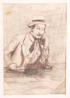 Molnár jelzéssel: Telefonáló. Ceruza, papír, üvegezett keretben, 16×11 cm