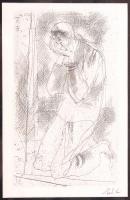 Szász Endre (1927-2003): Térdelő. Nyomat, papír, jelzett, üvegezett keretben, 17×11 cm