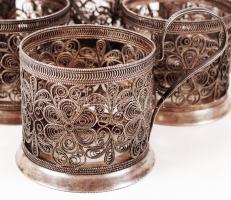 Filigrán teás pohár tartó készlet, fém, jelzett, m:6,5 cm