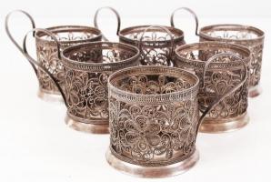 Filigrán teás pohár tartó készlet, fém, jelzett, m:6,5 cm
