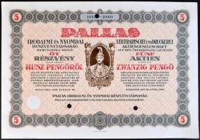 Budapest 1926. "PALLAS Irodalmi és Nyomdai Részvénytársaság" bemutatóra szóló 5 részvény 20P-ről lyukasztva T:I-