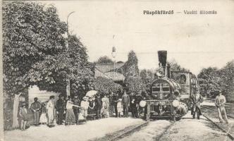 Püspökfürdő vasútállomás, gőzmozdony; Ruttner és Füzy kiadása / railway station, locomotive (EB)