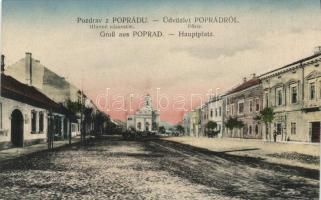 Poprád, Főtér, Szent Egyed templom és harangtorony / Main square, church, tower