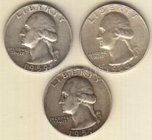 Amerikai Egyesült Államok 1957-1964. 1/4$ Ag "Washington" (3x) T:2-,3
USA 1957-1964. 1/4 D...