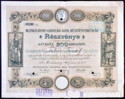 Mezőkaszony 1907. "Mezőkaszonyi Gazdasági Bank Rt." részvénye 200K-ról szelvényekkel,  SELEJTEZVE, lyukasztva T:II