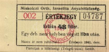 Miskolc 1927-42. Miskolczi Orth. Izr. Hitközség 10db klf vágatási/érték jegy liba, kacsa, borjú, hús...