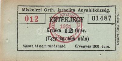 Miskolc 1927-42. Miskolczi Orth. Izr. Hitközség 10db klf vágatási/érték jegy liba, kacsa, borjú, hús...