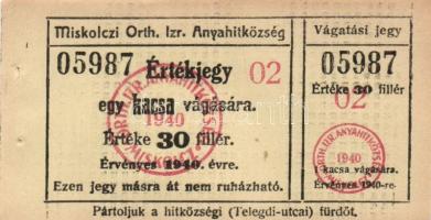 Miskolc 1927-42. Miskolczi Orth. Izr. Hitközség 10db klf vágatási/érték jegy liba, kacsa, borjú, hús...