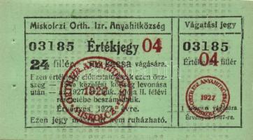 Miskolc 1927-42. Miskolczi Orth. Izr. Hitközség 10db klf vágatási/érték jegy liba, kacsa, borjú, hús...