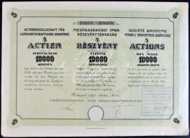 1923. "Mezőgazdasági Ipar-Részvénytársaság" részvénye 1000K-ról, 10.000K 1923-as + 15P 1925-ös fny-sal, 3 nyelven, szelvényekkel + 1927. "Mezőgazdasági Ipar-Részvénytársaság" részvénye 15P-ről szelvényekkel 3 nyelven T:II