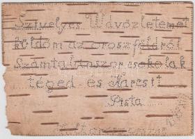 1945 Tábori postai nyírfakéreg levelezőlap Oroszországból Magyarországra