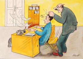 Schwott Lajos (1907-1987): Félreértett vezetői ellenőrzés. Vegyes technika, papír, jelzett, 25×35 cm