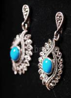 Ezüst (Ag) fülbevalópár áttört koszorúban markazittal, középen türkizzel, jelzett /	 silver earring turquoise and marcasite, 7,4 g