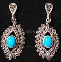 Ezüst (Ag) fülbevalópár áttört koszorúban markazittal, középen türkizzel, jelzett /	
silver earring ...