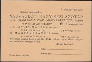 1942 Sauvageot, Magyar-francia és francia-magyar nagyszótár új kiadásának reklámismertetője és megre...