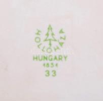 Hollóházi zöld virágos porcelán tálka aranyozott széllel, jelzett, 12x10 cm