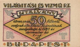 Budapest 1920. "Világítási és Vízmű Rt." értékjegy 20f, 50f, 1K, 2K, 5K, 10K T:I