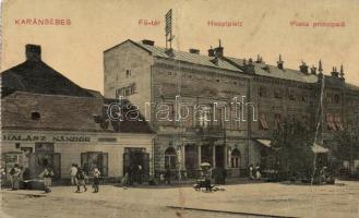 Karánsebes Fő tér, Halász Nándor üzlete, gyógyszertár; Halász Nándor kiadása / Main square, shop (gluemark) (fa)