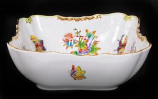 Herendi Viktória mintás tál, kézzel festett, jelzett, festés hibával, 25×25 cm, m:9 cm