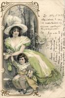 Lady with girl, litho