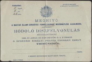 1896 Belépésre jogosító igazolvány az ezredéves díszfelvonulásra Királyi Palota udvarán emelt tribünről. Hajtott