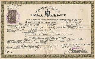 1936 Jugoszláv állampolgársági bizonyítvány benyomott okmánybélyeggel