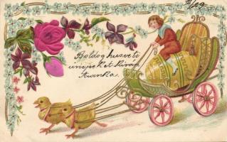 Húsvét, csibe szekér, silk card, floral Emb. litho, Easter, chicken cart, silk card, floral Emb. litho