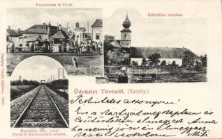 Tövis Fő út, piac, vasúti híd, templom; Szabolcs Endre kiadása / Main street, market, railway bridge, church