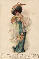 Lady with rose and  hand-held fan, litho