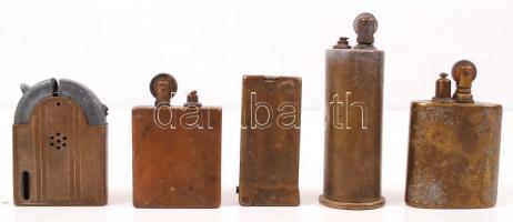 5 db különféle háború előtti öngyújtó, közte Gamma márkájú és töltényből készült / 5 different vintage lighters