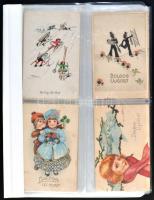 20 db régi üdvözlőlap tokban, benne néhány litho, pinx. Jack Number, Hannes Petersen, Gyulai / 20 greeting cards in case, some litho cards, pinx. Jack Number, Hannes Petersen, Gyulai