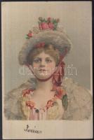 Lady, pearl decorated postcard, litho (EK)