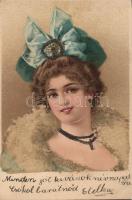 Lady, pearl decorated postcard, litho