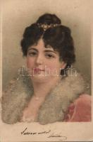 Lady, pearl decorated postcard, litho