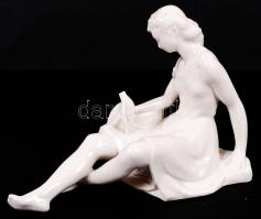 Drasche porcelán festetlen lány galambokkal, hibátlan, jelzett, 19x14 cm